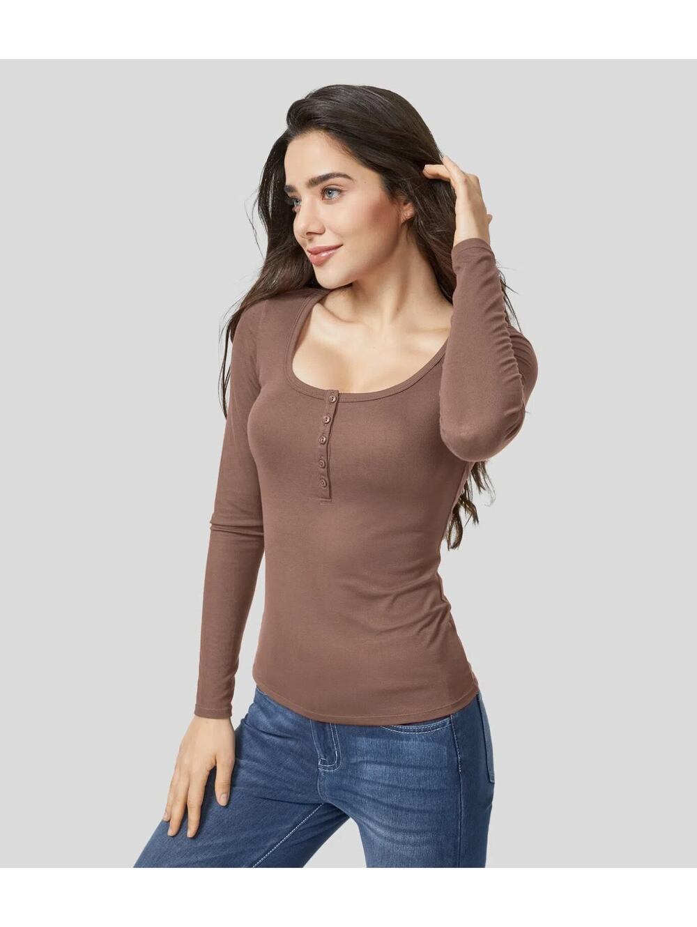 HALARA Ribbed Henley Neck Long Sleeve Slim Casual T-Shirt- Size XL
